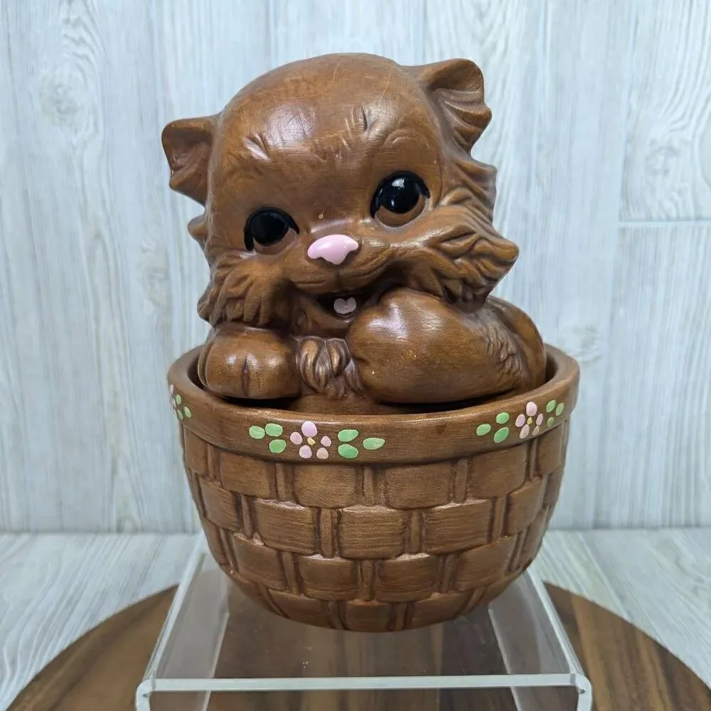 Vintage Twin Winton California Pottery Brown Cat Kitten In Basket Cookie Jar